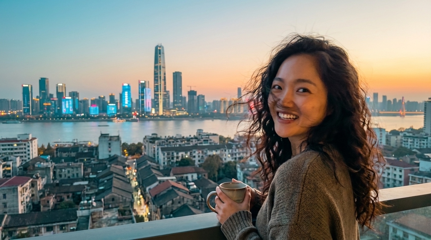 A woman holding a cup overlooks an old Chinese neighborhood, river, and modern skyline at sunset